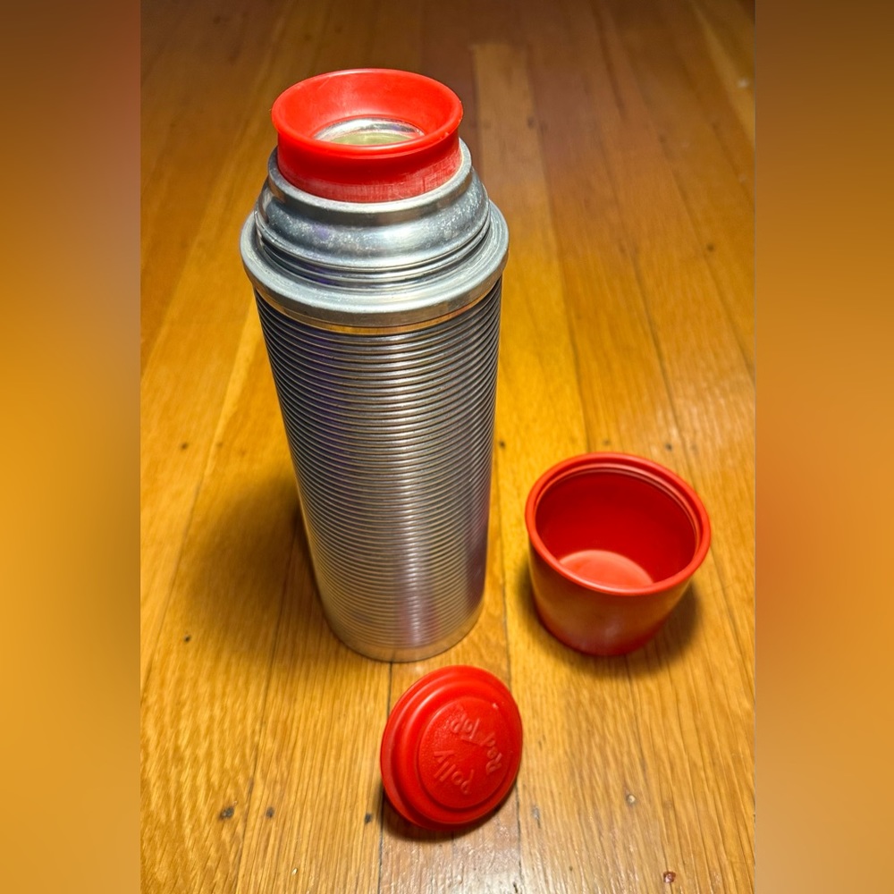 Vintage Thermos Vacuum Bottle 1950’s- made in the USA - silver and red